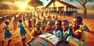 Kinder in Sambia vor einer renovierten Schule, lachend und spielend.