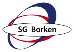 Logo des Sportvereins SG Borken mit dem Schriftzug in einer weißen ovalen Form, umgeben von roten und blauen, sich überlappenden Bändern